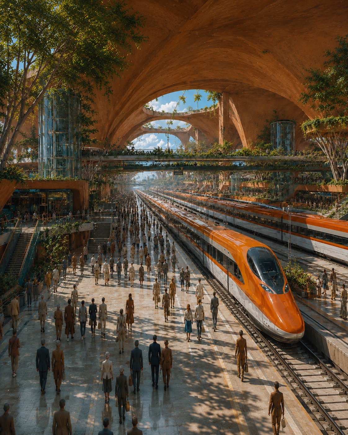 Estação ferroviária movimentada com trens de alta velocidade em um Brasil futuro